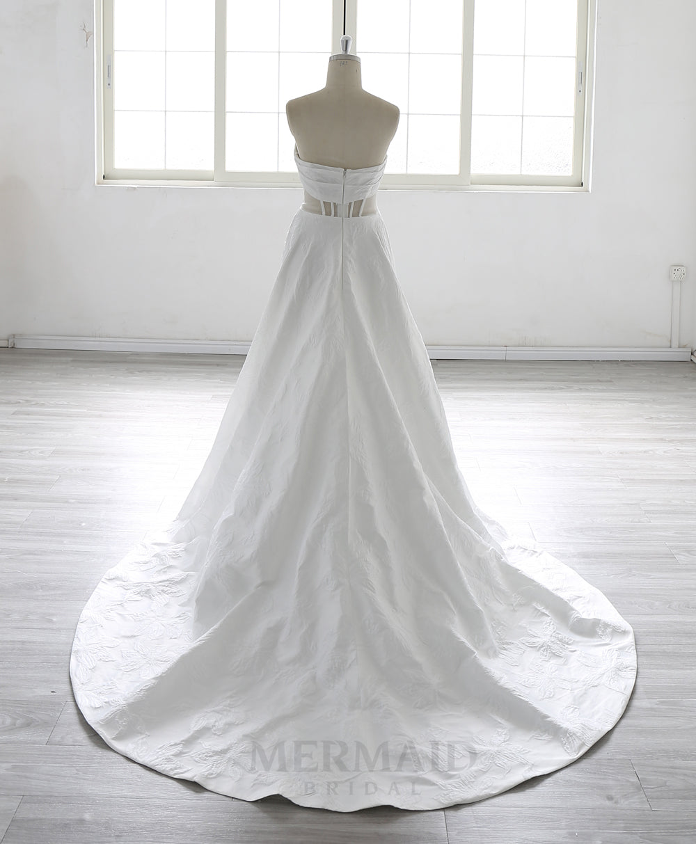 New Strapless Court Train Ball Gown Jacquard Satin Slit Wedding Dress 2025