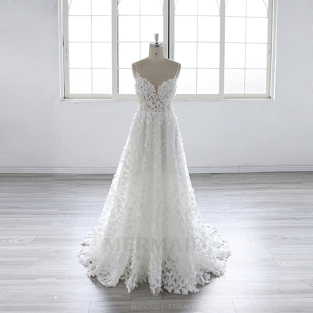 V Neck Sweep Train Bohemian Beach Outdoor Boho Wedding Dress