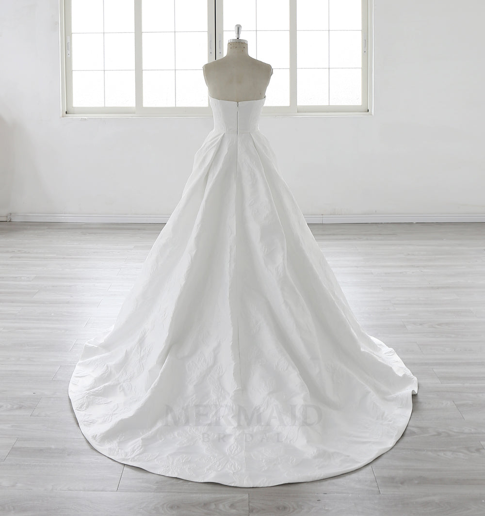 Strapless Court Train Ball Gown Jacquard Satin Slit Wedding Dress 2025