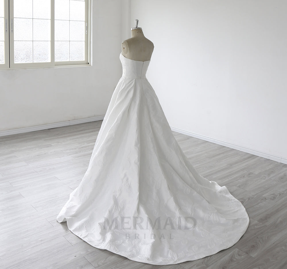 Strapless Court Train Ball Gown Jacquard Satin Slit Wedding Dress 2025