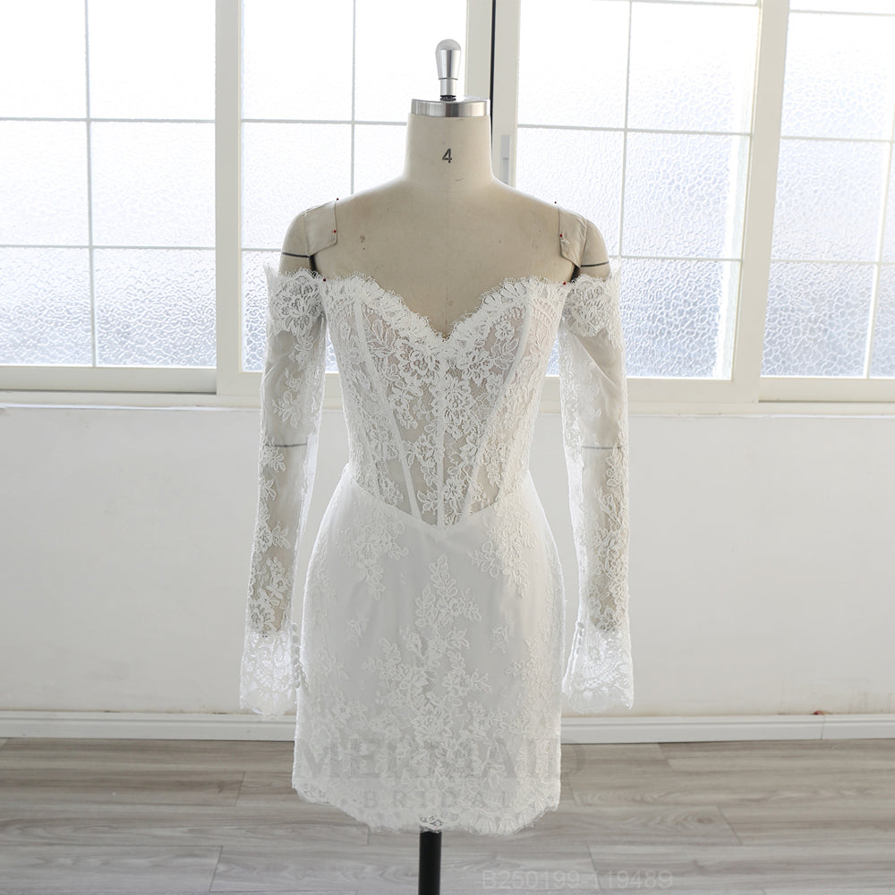 Long Sleeves Lace Short Knee Wedding Dress Ivory / 12 Long Sleeves Lace Short Knee Wedding Dress Ivory / 12