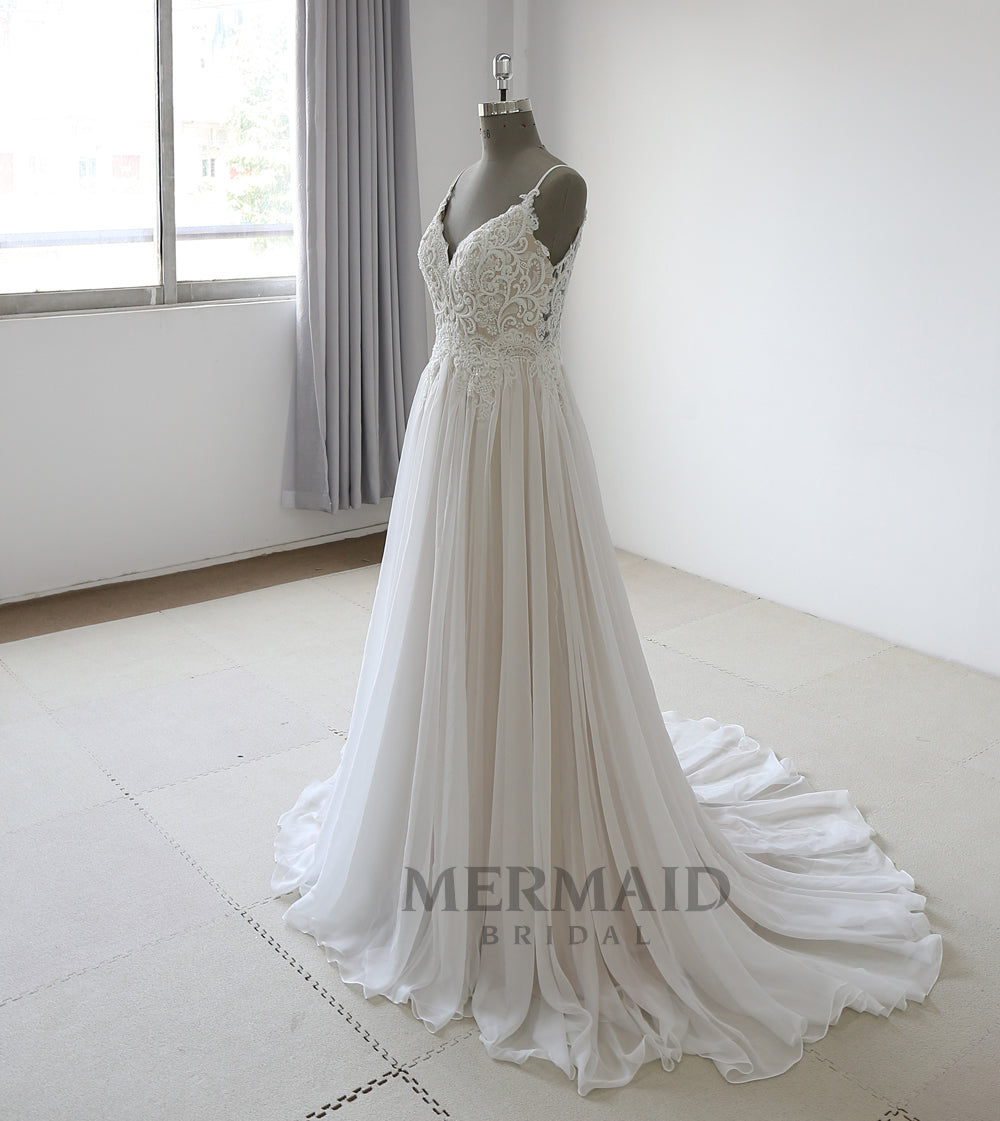 Backless heavy beading chiffon boho wedding dress