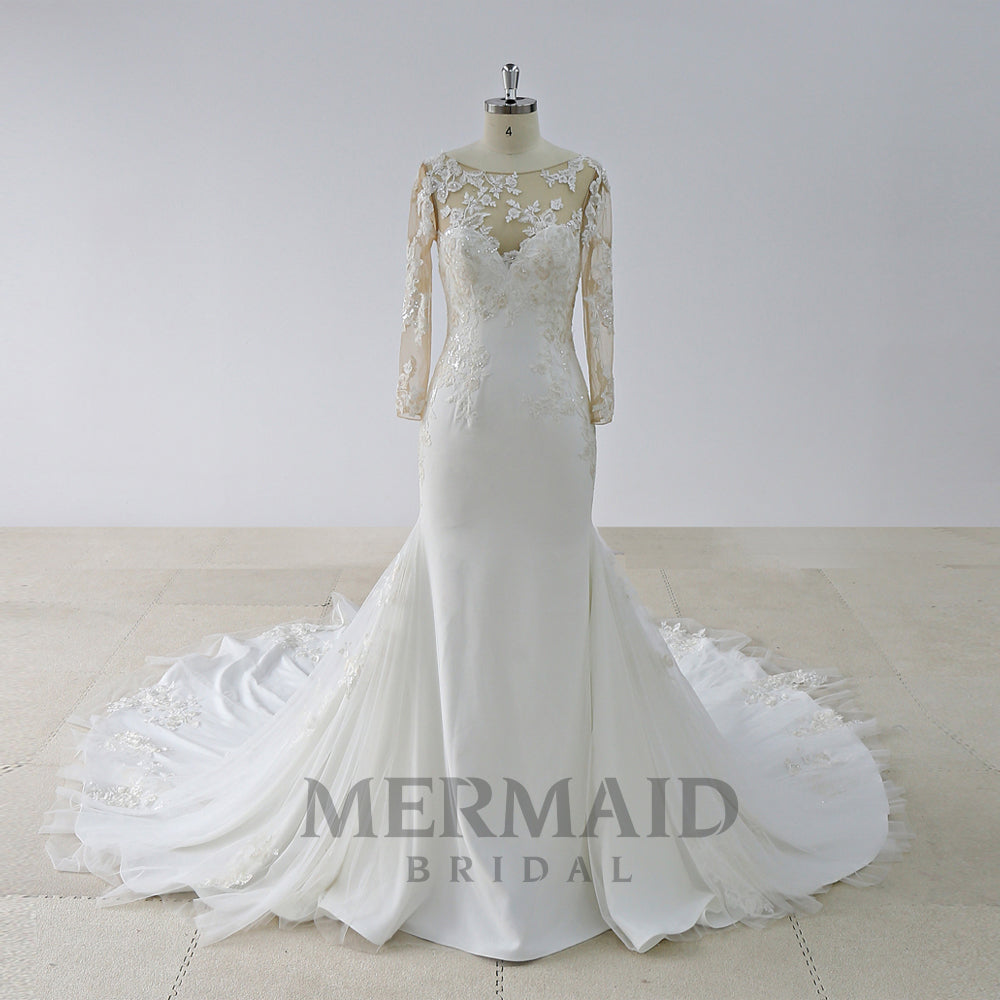 Backless Long Sleeves Court Train Lace Wedding Dress