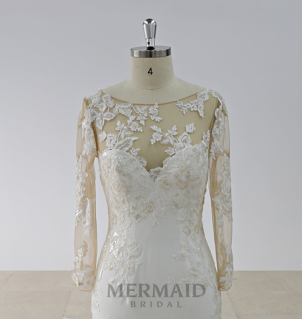 Backless Long Sleeves Court Train Lace Wedding Dress