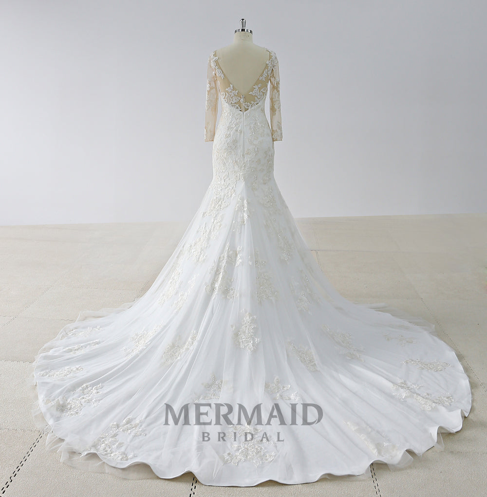 Backless Long Sleeves Court Train Lace Wedding Dress