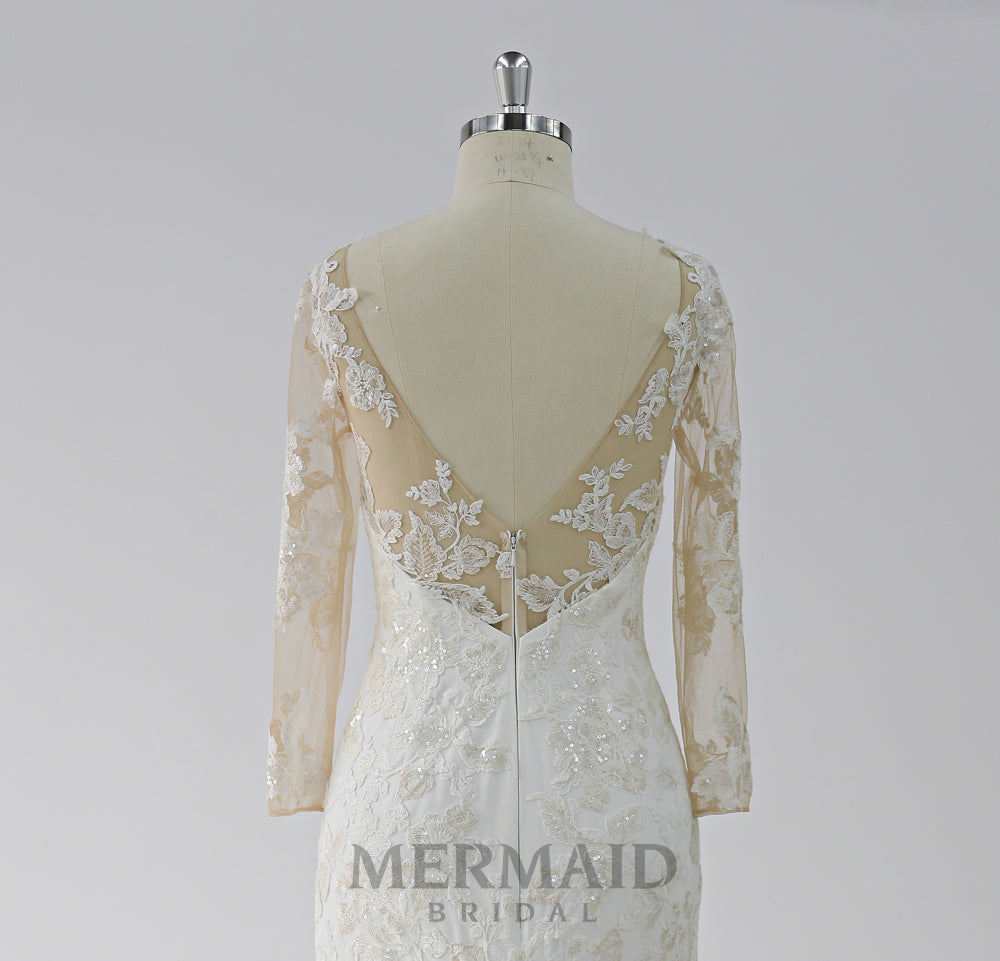 Backless Long Sleeves Court Train Lace Wedding Dress