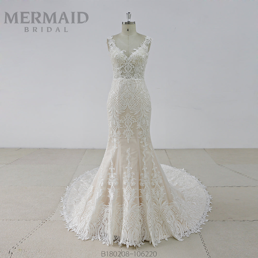 Lace Wedding Gown Backless Mermaid Wedding Dress Ivory / 16 Lace Wedding Gown Backless Mermaid Wedding Dress Ivory / 16