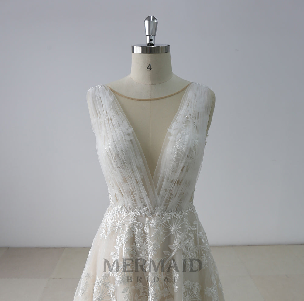 Backless V Neck Sequins Court Train Lace Wedding Dress