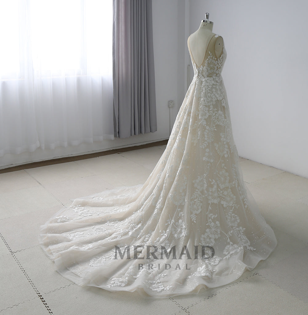 Backless V Neck Sequins Court Train Lace Wedding Dress