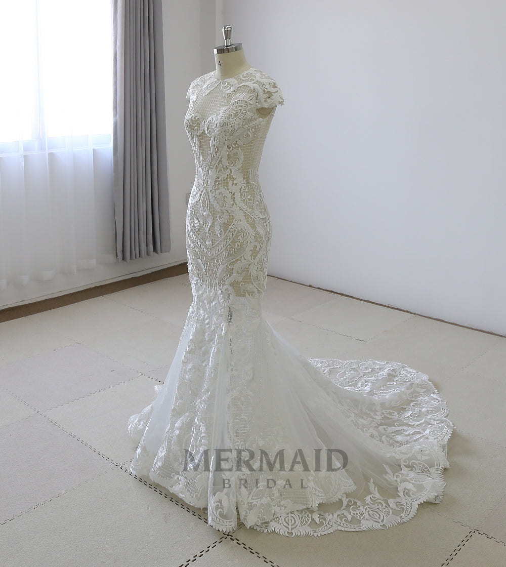 New Cap Sleeves Mermaid See Through Wedding Dress Bridal Gown