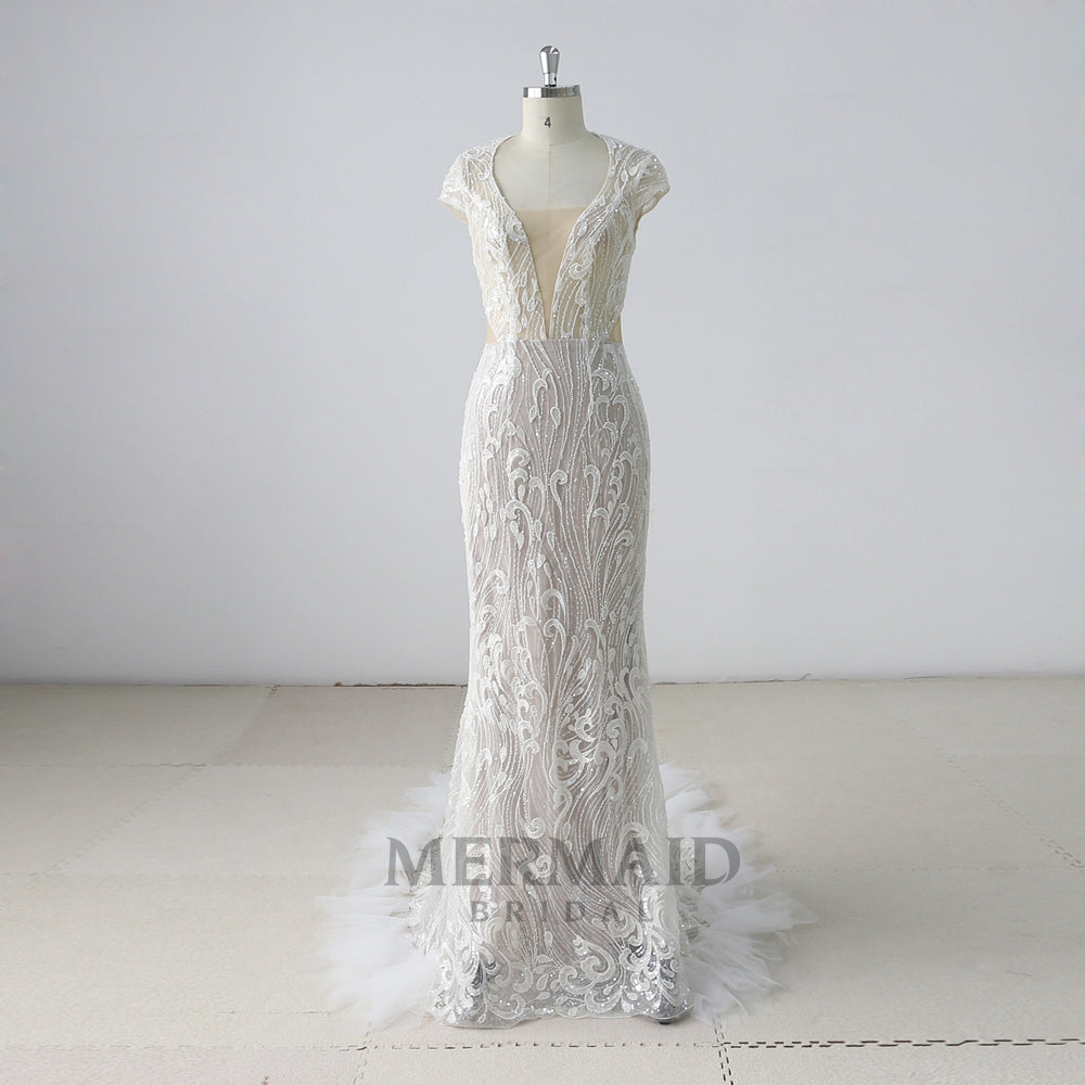 Backless Cap Sleeves Beading Mermaid Wedding Dress