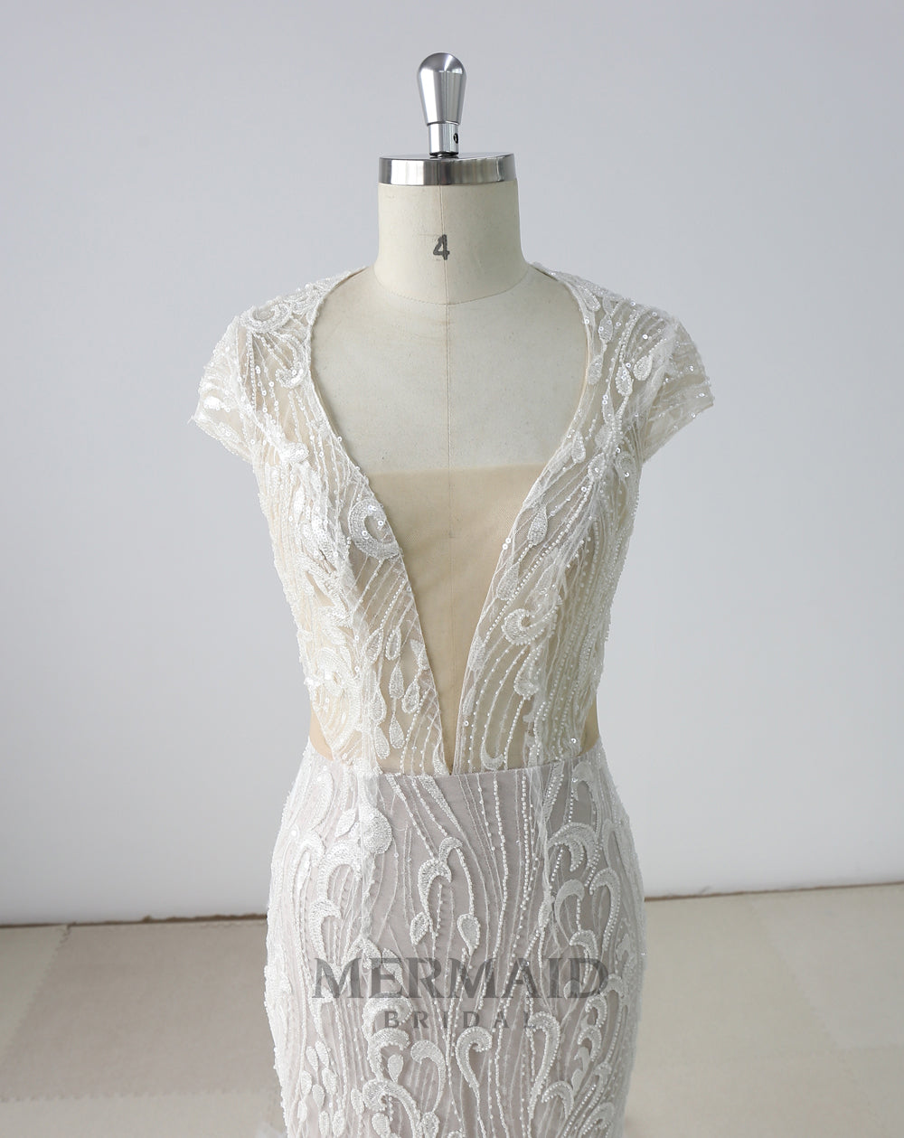 Backless Cap Sleeves Beading Mermaid Wedding Dress