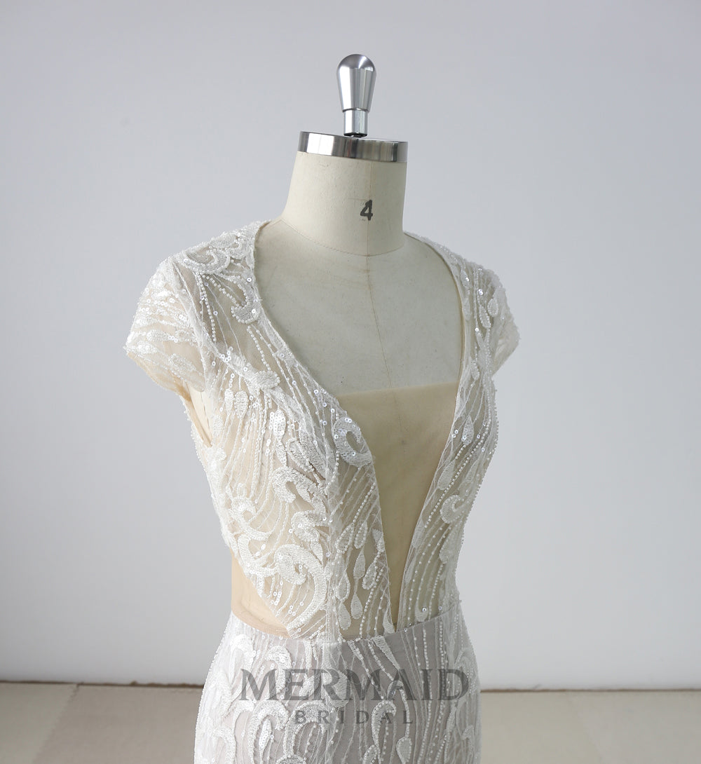 Backless Cap Sleeves Beading Mermaid Wedding Dress