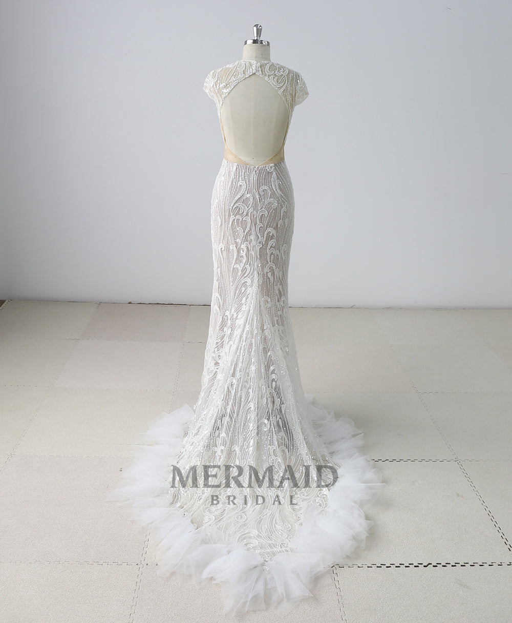 Backless Cap Sleeves Beading Mermaid Wedding Dress
