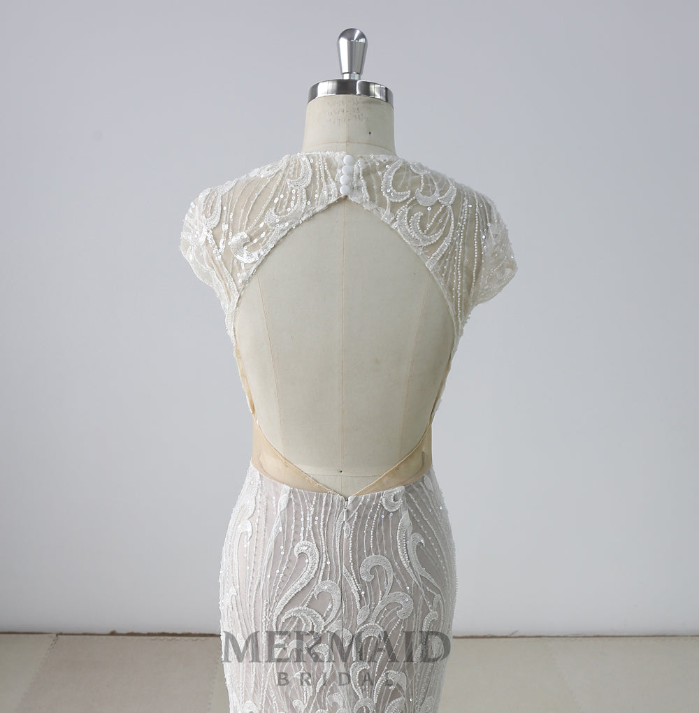 Backless Cap Sleeves Beading Mermaid Wedding Dress