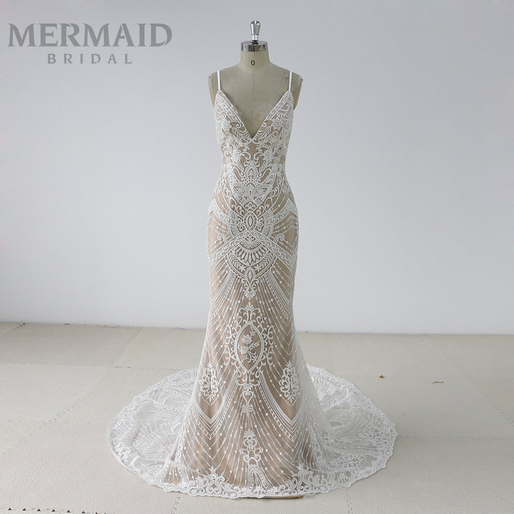 Amazing Beaded Lace Backless Mermaid Wedding Dress Mermaid Bridal Amazing Beaded Lace Backless Mermaid Wedding Dress Mermaid Bridal