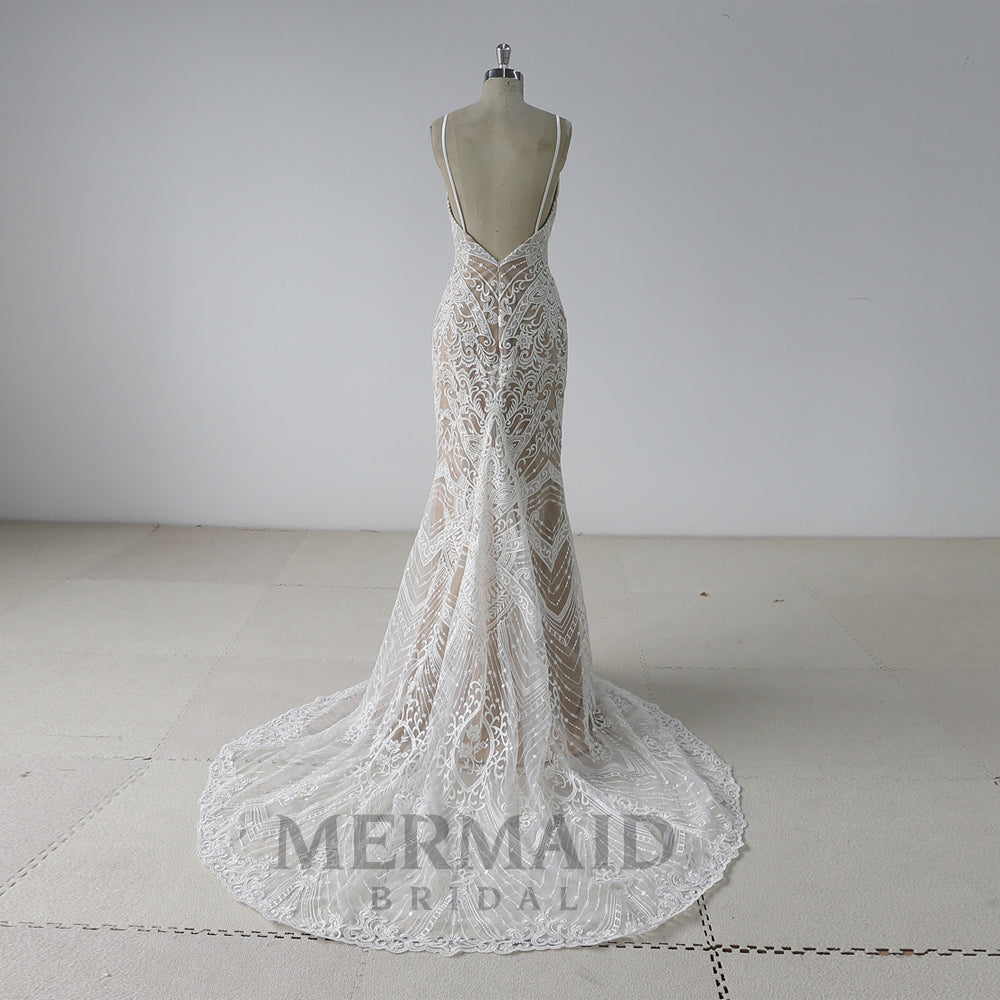 Amazing Beaded Lace Backless Mermaid Wedding Dress