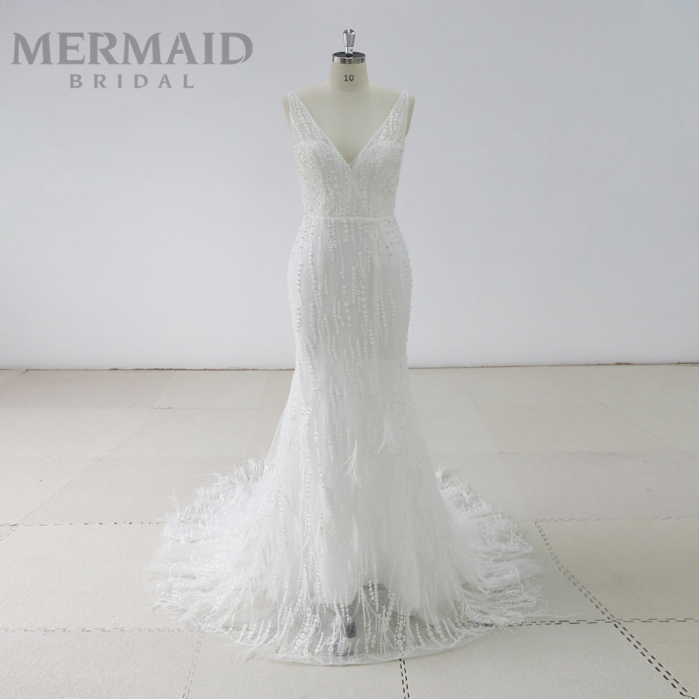 Luxury Backless Heavy Beaded Mermaid Feather Wedding Dress
