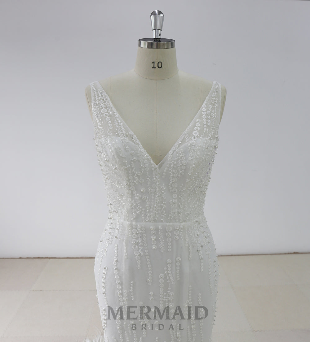 Luxury Backless Heavy Beaded Mermaid Feather Wedding Dress