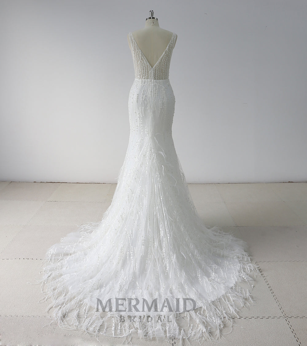 Luxury Backless Heavy Beaded Mermaid Feather Wedding Dress