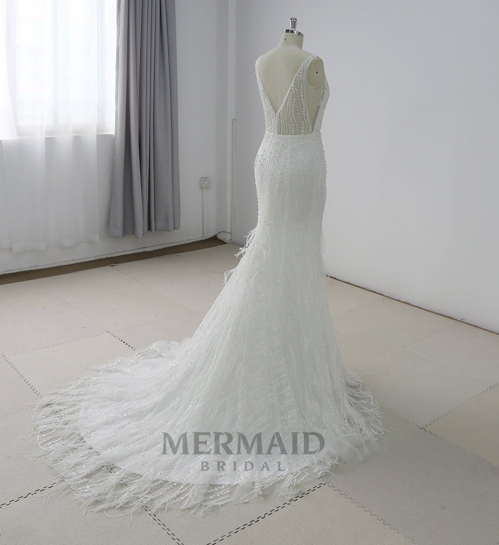 Luxury Backless Heavy Beaded Mermaid Feather Wedding Dress
