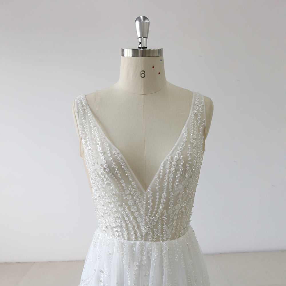 Sexy V Neck Beaded Ostrich Feather Wedding Dress With Split