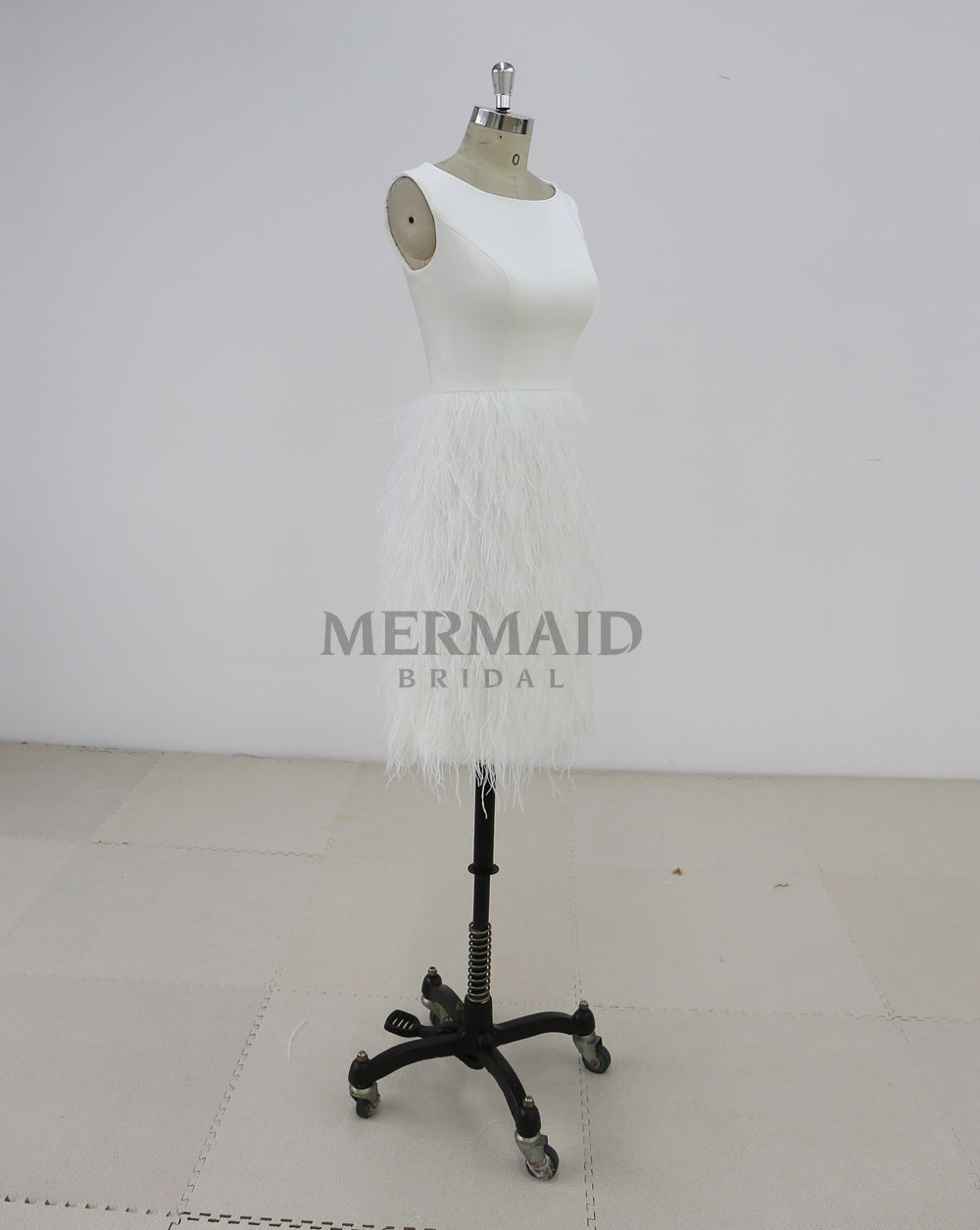 Short Crepe Ostrich Feather Wedding Dress