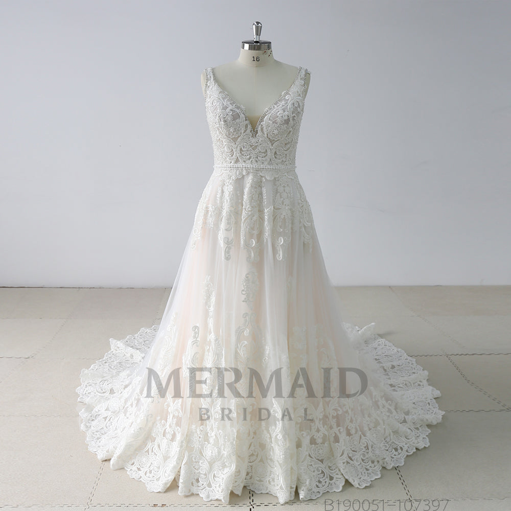 Heavy lace wedding gown backless plus size wedding dress – Mermaid Bridal