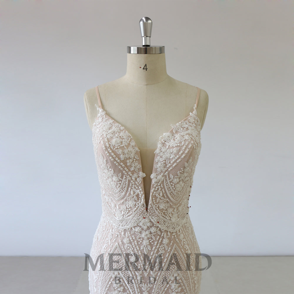 New Lace Spaghetti Heavy Beaded Mermaid Wedding Dress