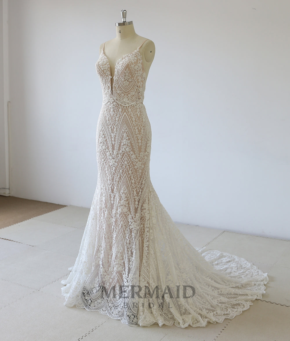 New Lace Spaghetti Heavy Beaded Mermaid Wedding Dress