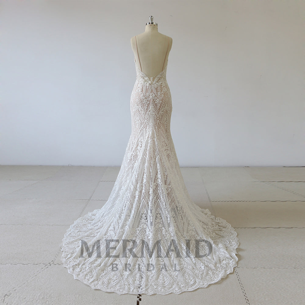New Lace Spaghetti Heavy Beaded Mermaid Wedding Dress
