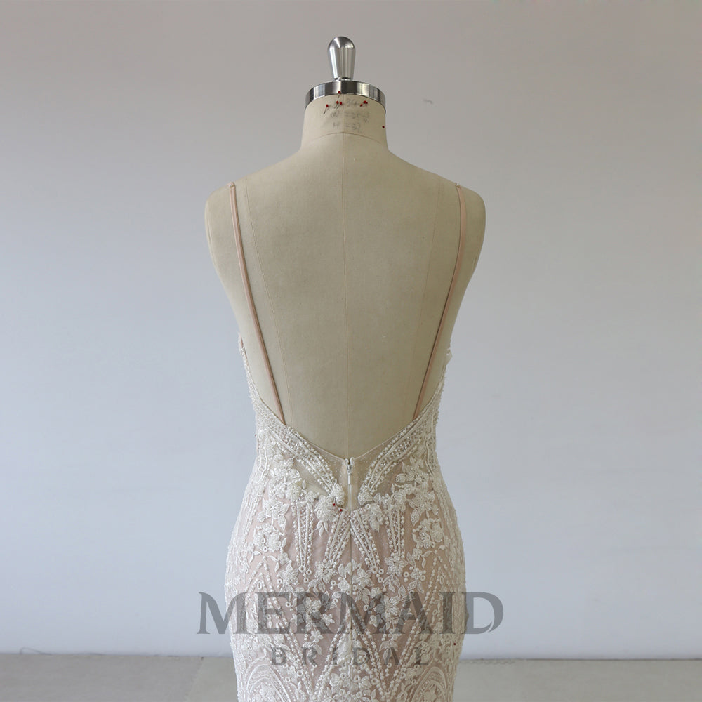 New Lace Spaghetti Heavy Beaded Mermaid Wedding Dress