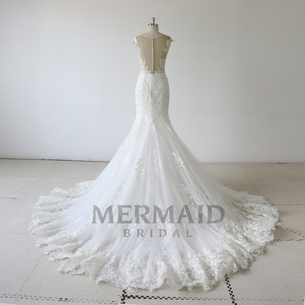 Cap Sleeves Lace Mermaid Wedding Dress