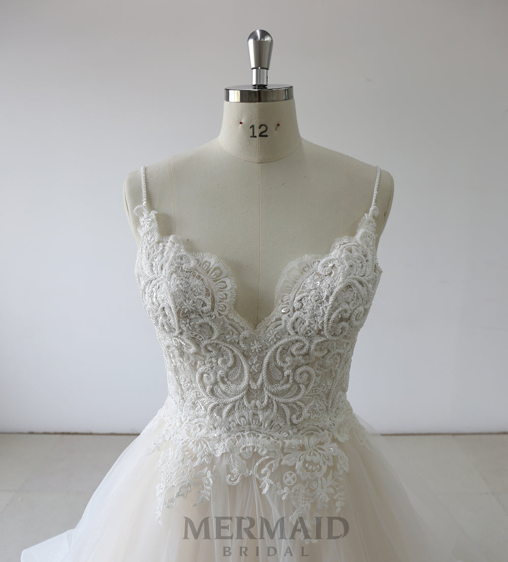 Spaghetti Straps Beading Ruffles A Line Wedding Dress