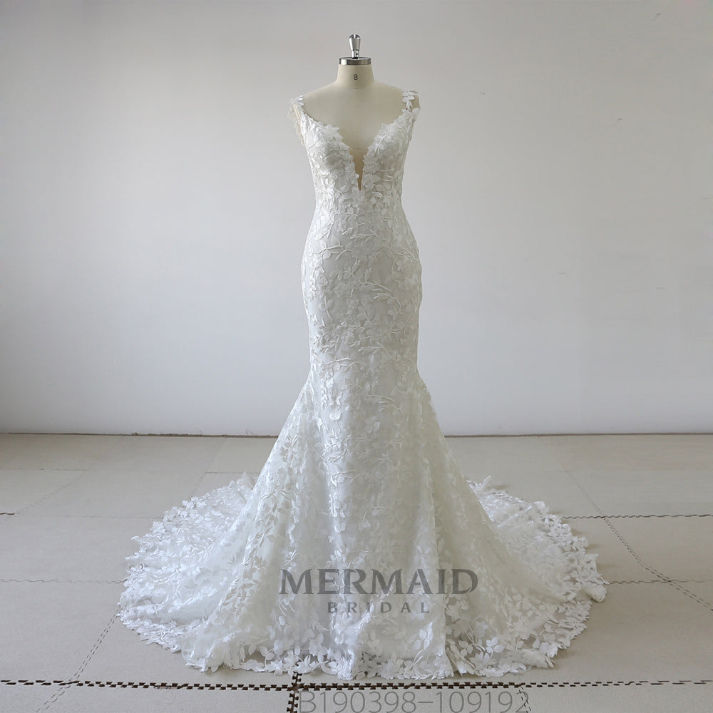 New V Neck Heavy Lace Mermaid Wedding Dress