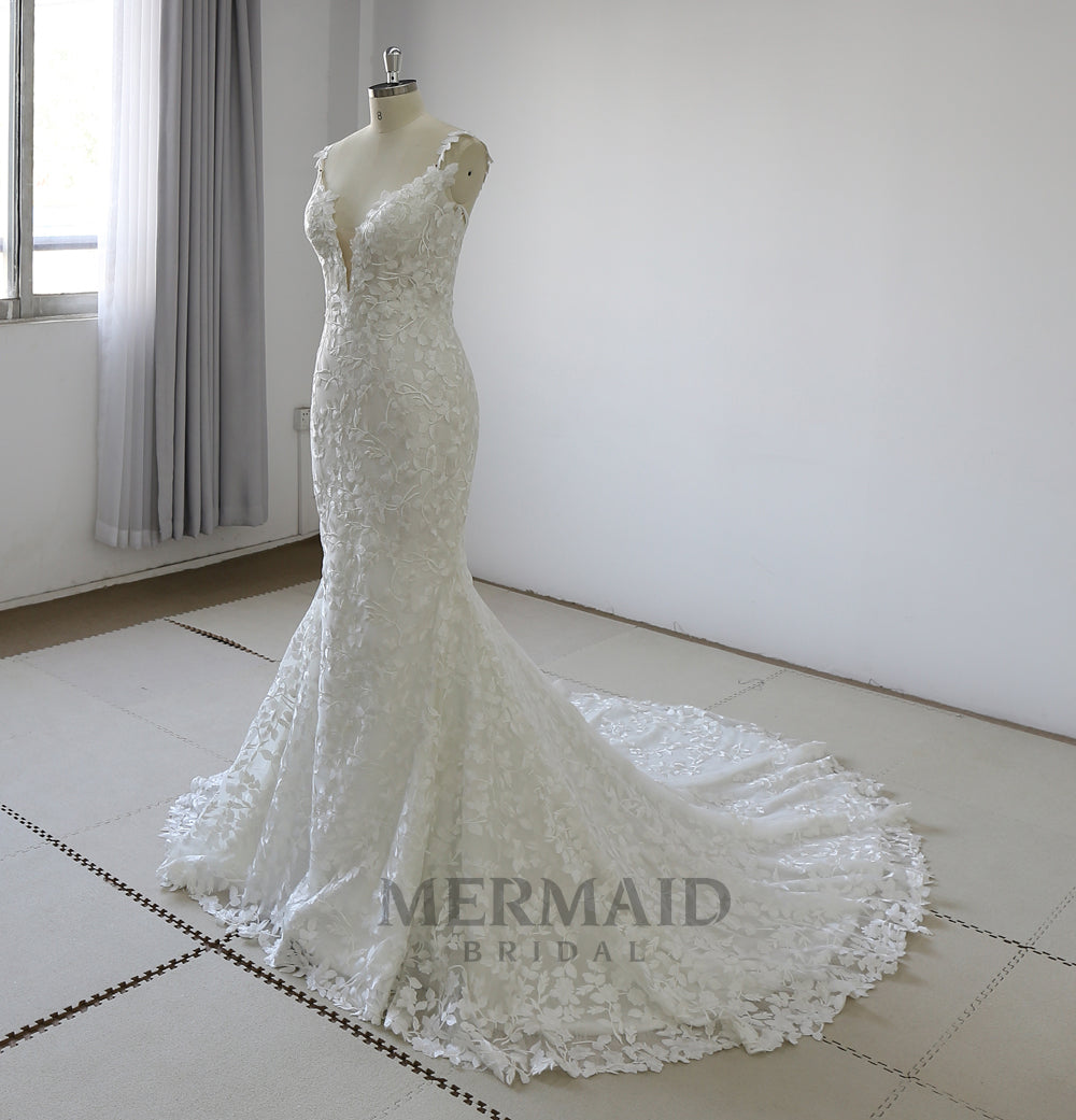 New V Neck Heavy Lace Mermaid Wedding Dress