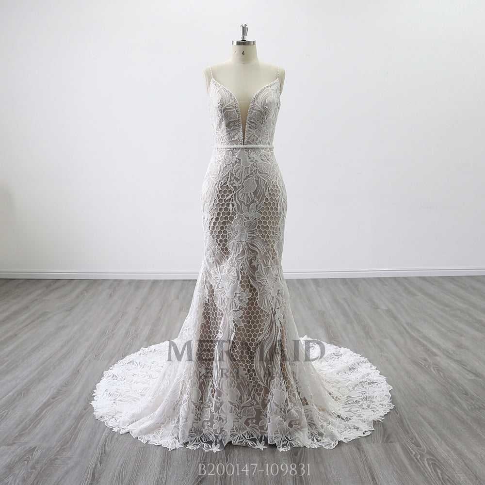 Spaghetti Straps Beaded Lace Wedding Dress