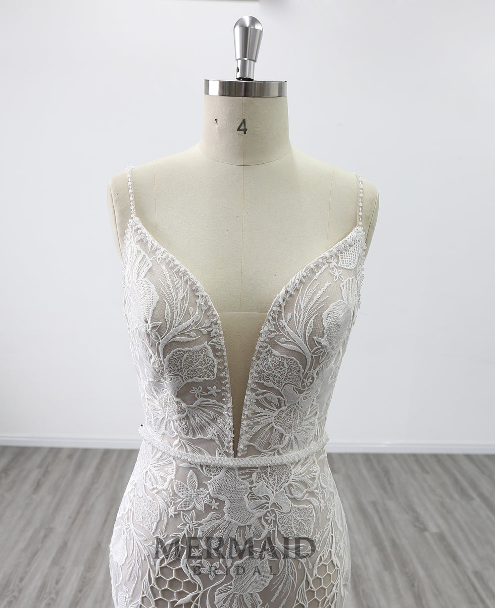 Spaghetti Straps Beaded Lace Wedding Dress