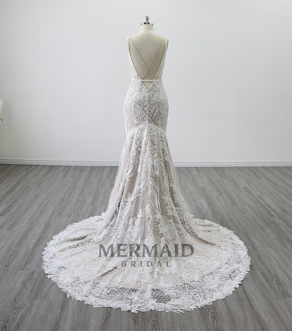 Spaghetti Straps Beaded Lace Wedding Dress