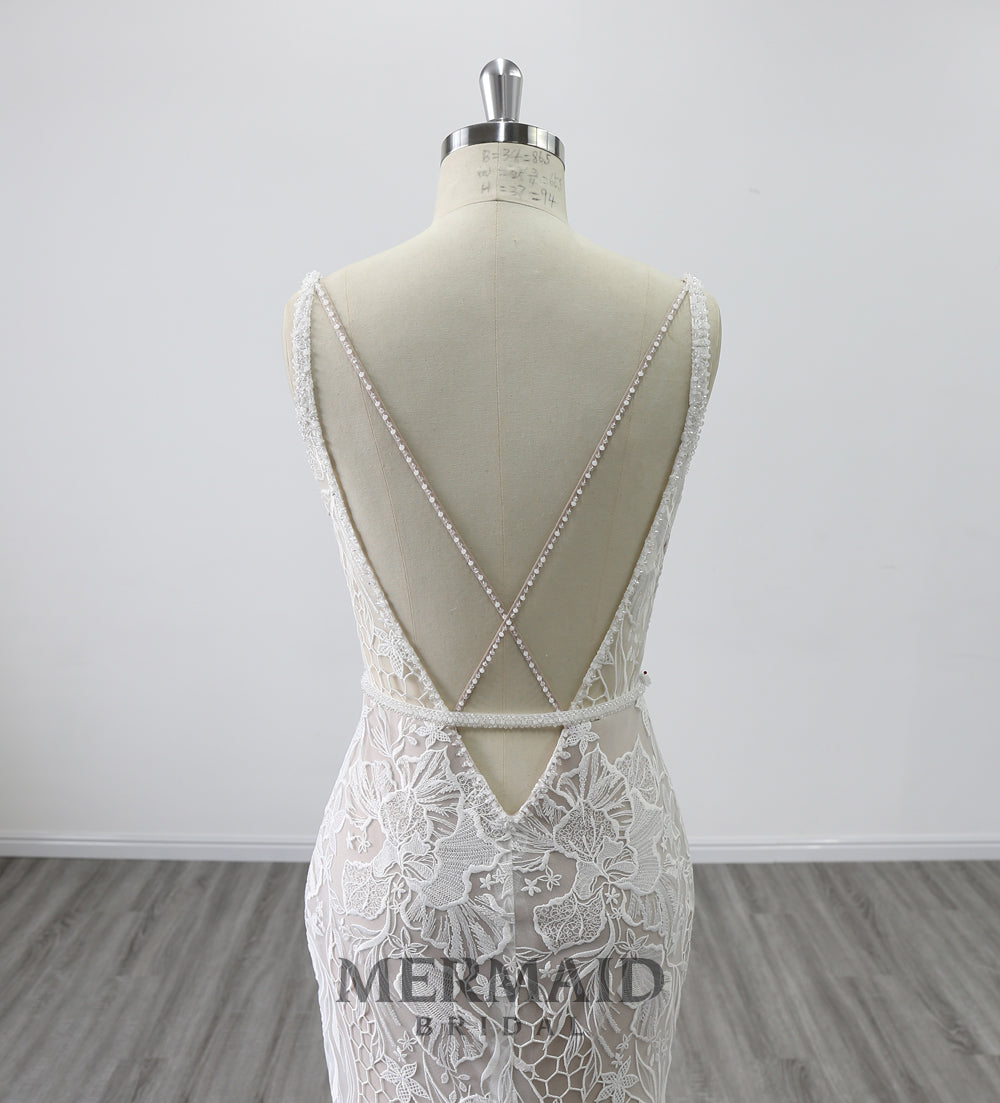 Spaghetti Straps Beaded Lace Wedding Dress