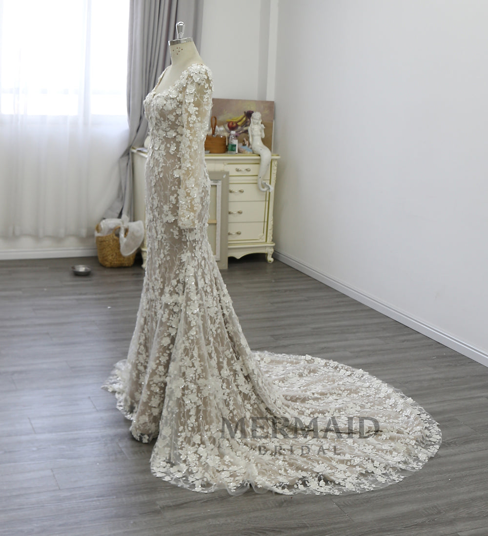 New Long Sleeves Beaded 3D Lace Wedding Dress