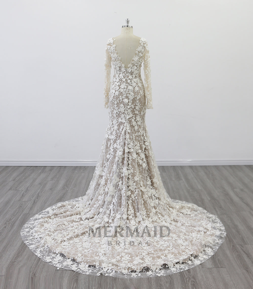 New Long Sleeves Beaded 3D Lace Wedding Dress