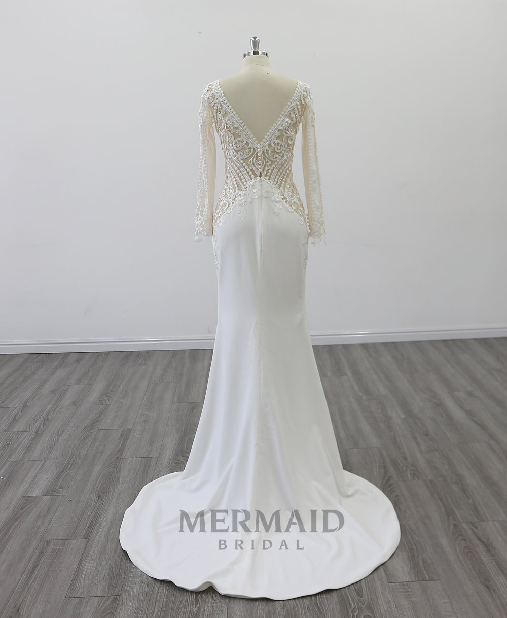 New Long Sleeves Lace Crepe Wedding Dress