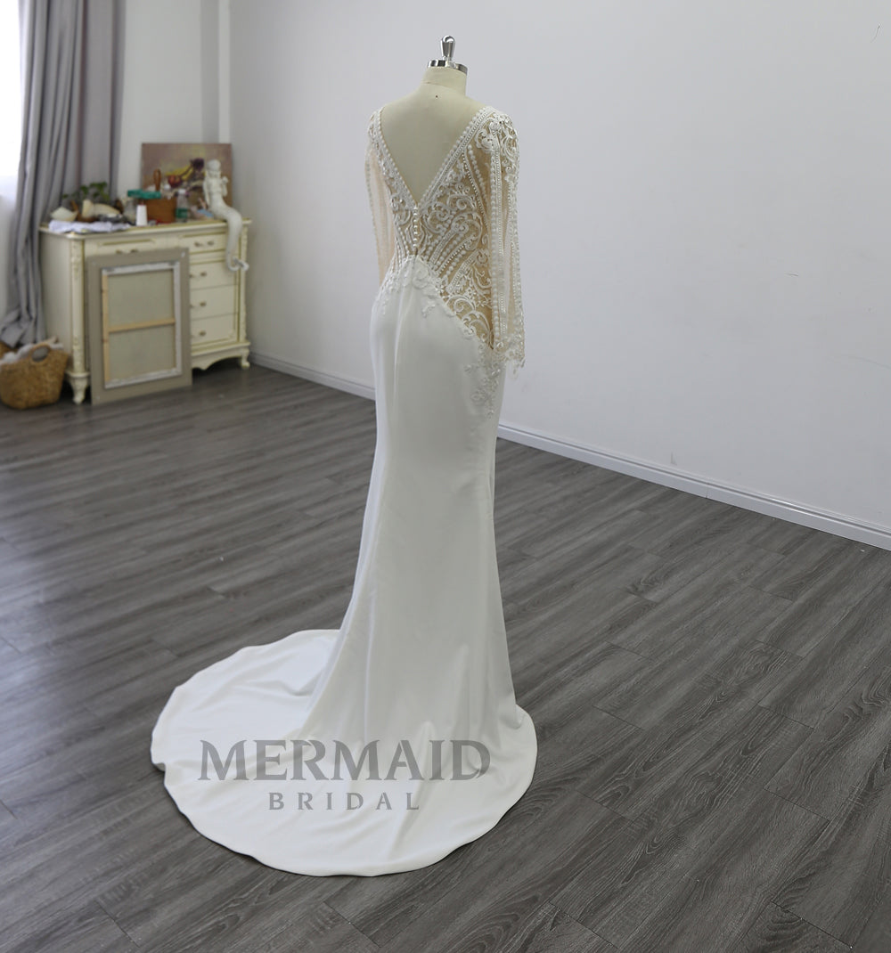 New Long Sleeves Lace Crepe Wedding Dress