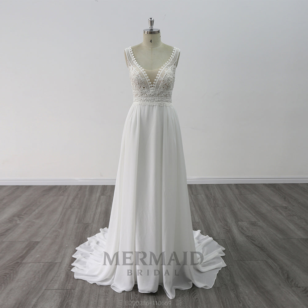 Backless V Neck Lace Boho Wedding Dress