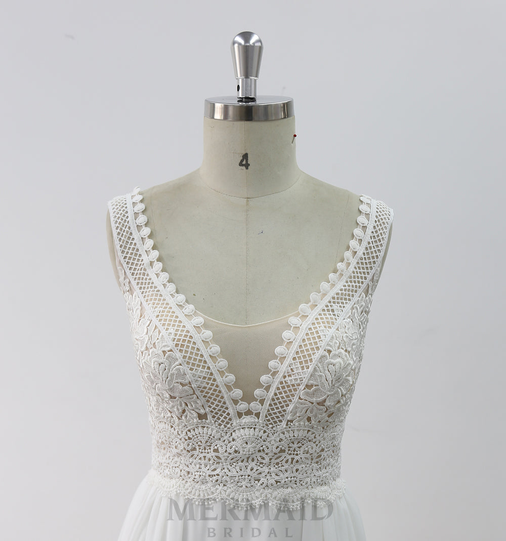 Backless V Neck Lace Boho Wedding Dress