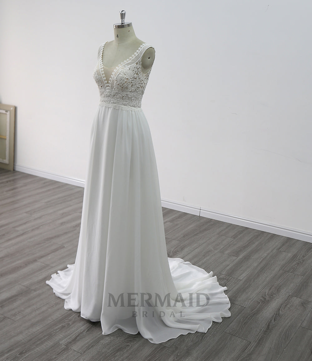 Backless V Neck Lace Boho Wedding Dress