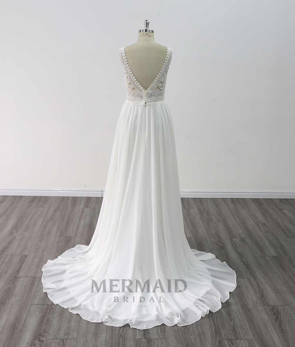 Backless V Neck Lace Boho Wedding Dress