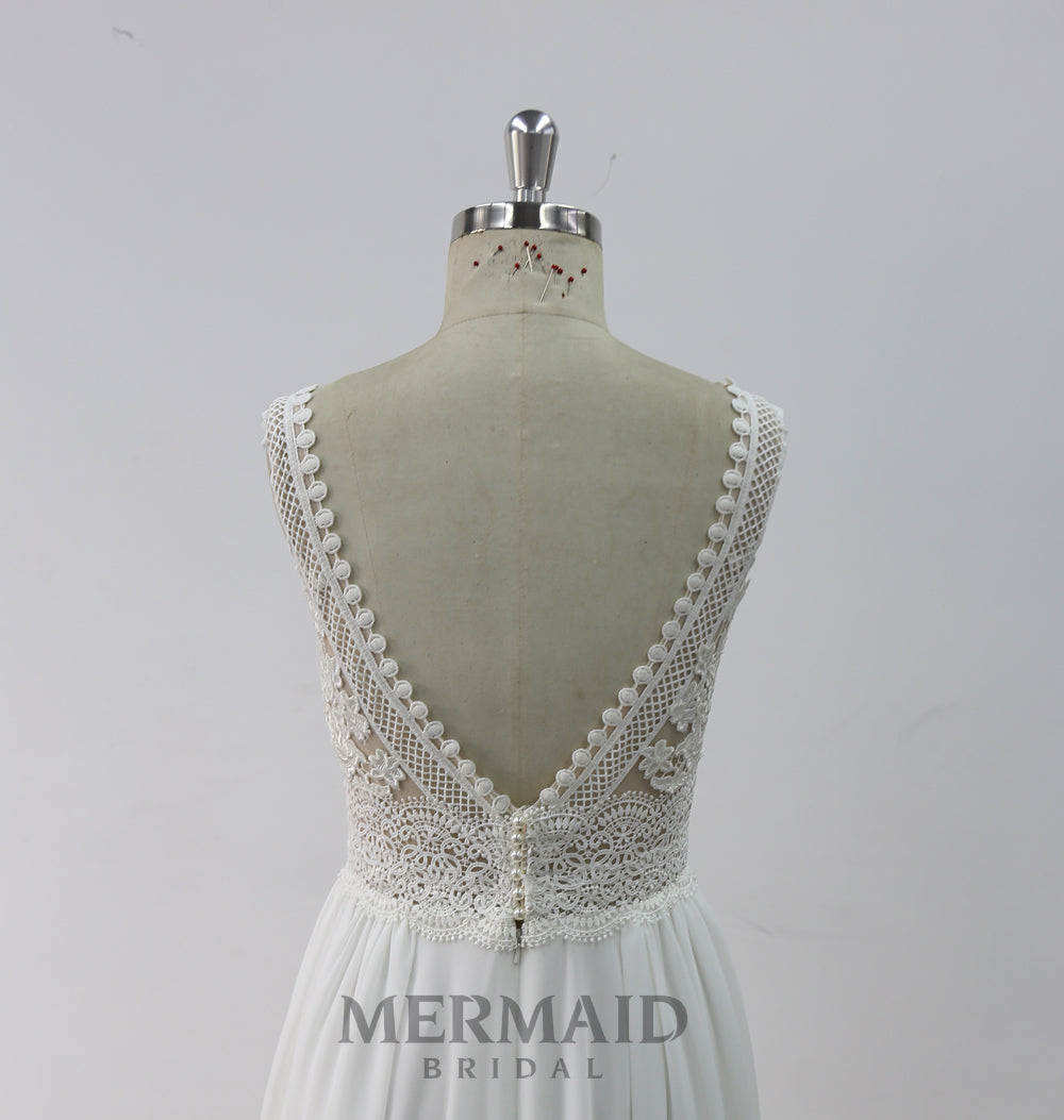Backless V Neck Lace Boho Wedding Dress