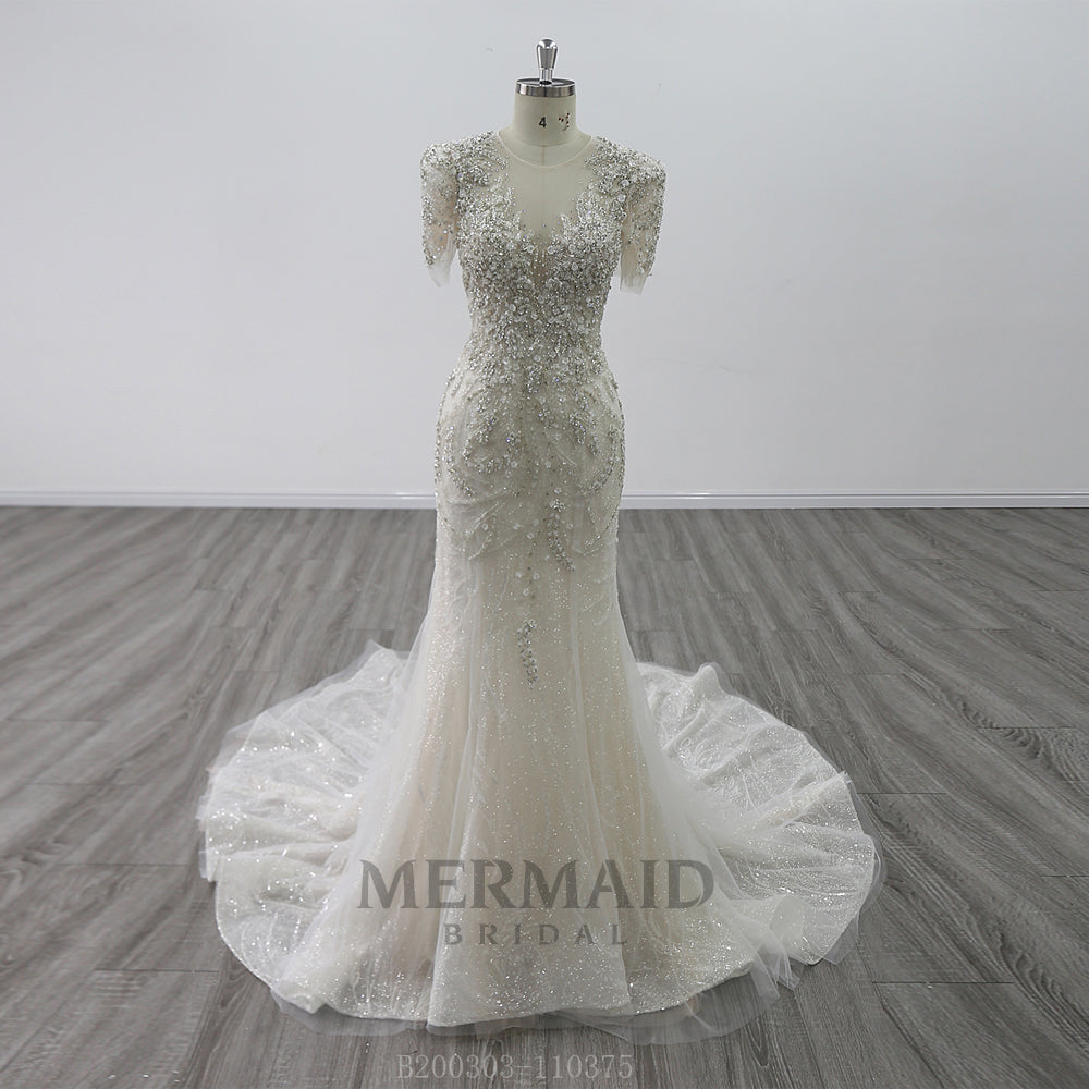 Short Sleeves Beaded Bodice Mermaid Wedding Dress Ivory / 22W Short Sleeves Beaded Bodice Mermaid Wedding Dress Ivory / 22W